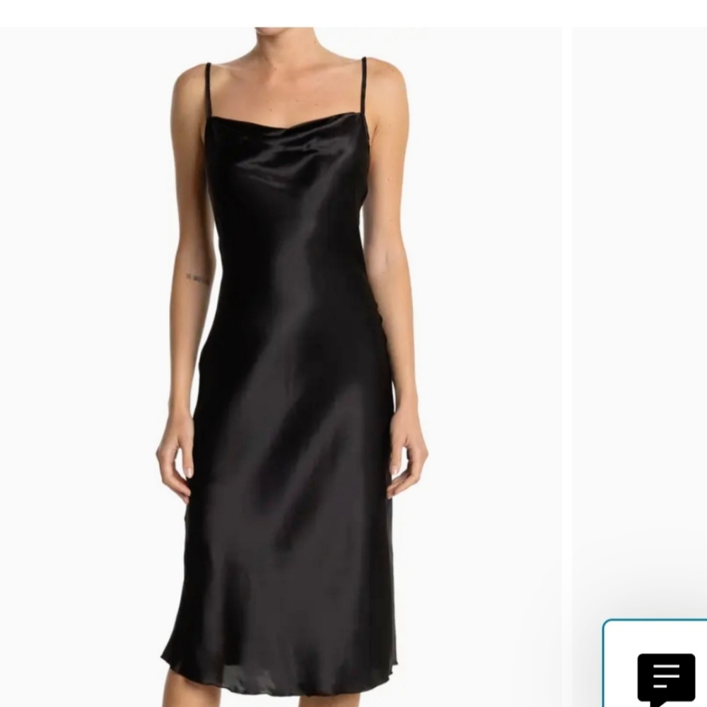 BAR III BLACK DRESS WITH A SATIN FINISH AND A DRAPEY COWL-NECKLINE. SIZE L